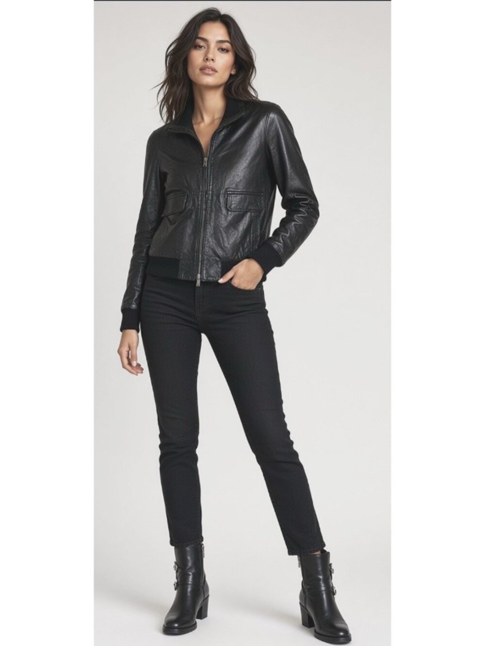New Theory Belare L Meet Black Leather Moto Biker Bomber Jacket Sz P - Italy